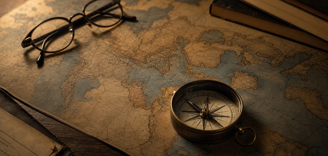 Mapa antiguo y brújula sobre un escritorio: análisis geopolítico internacional